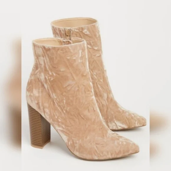 Taupe Crushed Velvet Pointed Toe Heeled Booties - Picture 4 of 6